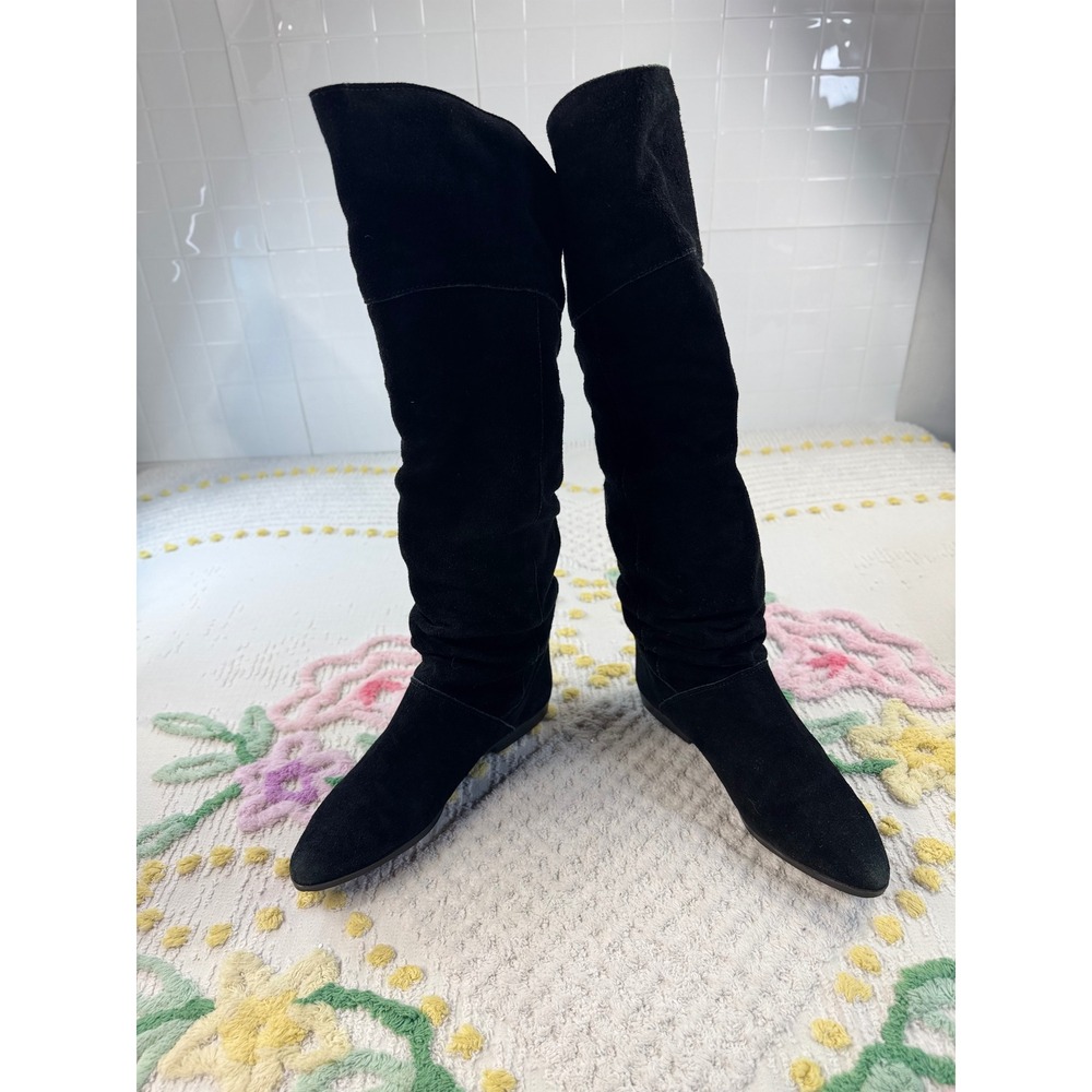 Made in Spain Black Suede Leather cow Slouchy Tall Boots‎ Pointed Toe Flat 7.5
